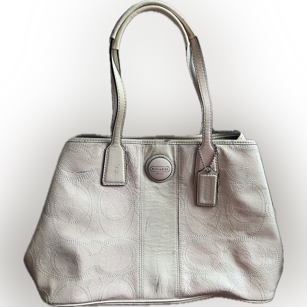 COACH SIGNATURE MID FRAME SHOULDER HOBO TOTE HANDBAG #F15658 IVORY PATENT LTHR